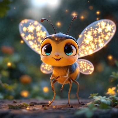 The primary subject of the image is a cartoon-like yellow and black bee with a smile on its face. The bee is standing on a rock, surrounded by a forest setting. The visual style of the image is digital art, with the bee being a part of a larger illustration. The colors and mood of the image are bright and cheerful, with the yellow bee being the main focus of the scene.